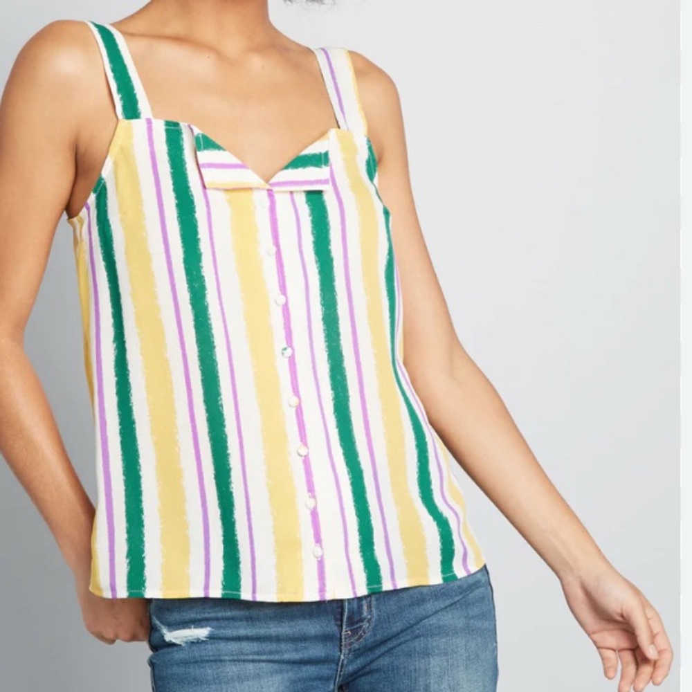 Modcloth 1X Button-up Tank Top Camisole Cami NWT yellow green stripes